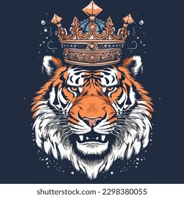 Colorful angry tiger king wearing crown for t-shirt design wallpaper and tattoo concept vector illustration