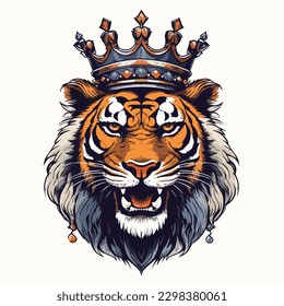 Colorful angry tiger king wearing crown for t-shirt design wallpaper and tattoo concept vector illustration
