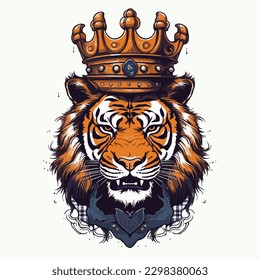 Colorful angry tiger king wearing crown for t-shirt design wallpaper and tattoo concept vector illustration