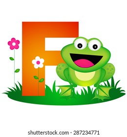 Colorful animal alphabet letter F with a cute frog flash card isolated on white background