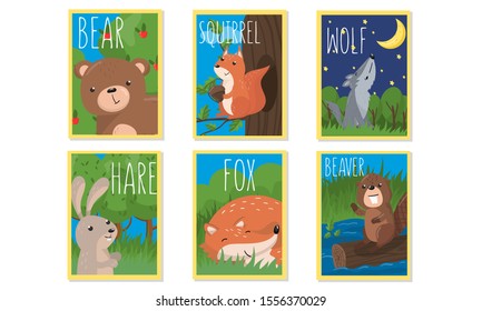 Colorful Animal Cards With Their Names on It For Kids Vector Set