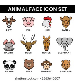 Colorful animal face icon set featuring cow, pig, hen, rabbit, deer, and more. Cartoon-style icons perfect for kids' education, school projects, animal graphics, and fun learning materials.