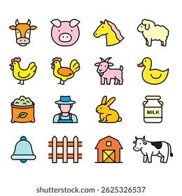 Colorful animal farm icon set featuring livestock such as cows, pigs, chickens, and sheep. Ideal for agricultural infographics, farming apps, educational visuals, and smart farm designs.