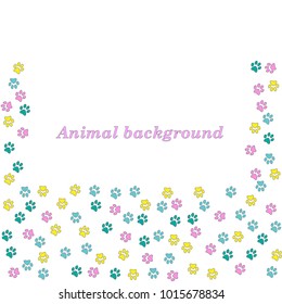 Colorful animal footprint ornament border isolated on white background. Vector illustration for animal design. Frame of cute paw trace.