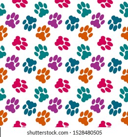 Colorful animal footprint ornament border isolated on white background. Vector illustration for animal design. Random foot prints border.