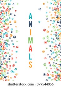 Colorful animal footprint ornament border isolated on white background. Vector illustration for animal design. Random foot print vertical frame. Many bright trail. Cute paw trace. World wildlife day