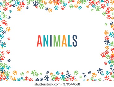 Colorful animal footprint ornament border isolated on white background. Vector illustration for animal design. Random foot print horizontal frame. Many bright trail. Cute paw trace. World wildlife day