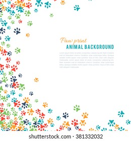 Colorful animal footprint ornament border isolated on white background. Vector illustration for animal design. Random foot prints corner. Many bright trail. Frame of cute paw trace. World wildlife day
