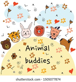 Colorful animal friends collection including dog, cat, giraffe, bear, lion, rabbit.Cute hand drawn doodles.Good for posters, stickers, cards, alphabet and nursery decor.Scandinavian kids illustration
