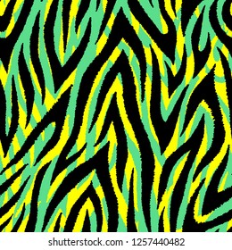 Colorful animal fur texture seamless pattern. Exotic tropical vector background. Green, black and yellow mix.