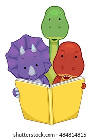 Colorful Animal Illustration of a Baby Triceratops, TRex, and Brontosaurus Reading a Book Together