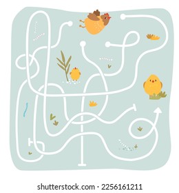 Colorful animal labyrinth, find exit brain game, rebus, maze, test activity, logic quest for preschool children. Chicken, baby bird, plants, eggs, greens. Kindergarten class, lesson, teaching