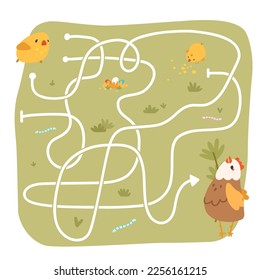 Colorful animal labyrinth, find exit brain game, rebus, test activity, logic quest for preschool children. Chicken, baby bird, plants, eggs, greens. Kindergarten class, lesson, teaching, learning