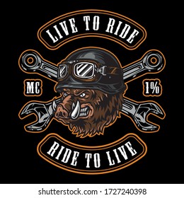 Colorful animal motorcyclist vintage emblem with crossed spanners letterings and angry wild boar head in biker helmet isolated vector illustration