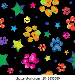 Colorful animal paw print trails and stars