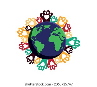 Colorful animal paws around the world - help animals worldwide. Simple vector illustration