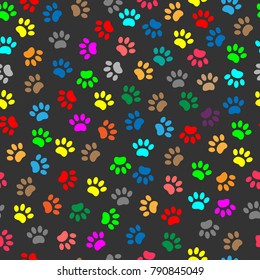 Colorful animal pets dog or cat paw prints on black decorative seamless pattern background wallpaper texture. Vector flat design.