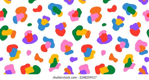 Colorful animal print seamless pattern illustration. Multi color leopard skin texture background. Rainbow wild safari backdrop, abstract art fashion fabric design.