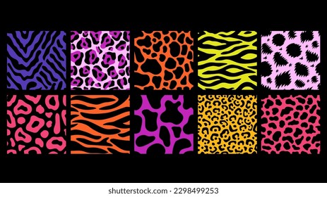 Colorful Animal Seamless Pattern Set. Vector various wild animals prints collection with bright neon colors. Trendy vibrant retro style spotted and striped backgrounds with leopard, jaguar, tiger skin