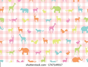 colorful animal silhouette pattern and gingham checked background