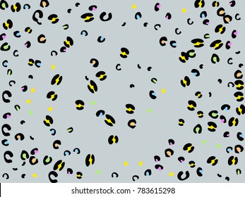 Colorful animal spots. Animal abstract print pattern. Gentle Grey background. Vector illustration for celebration, party, holiday, invitation and Your project. Chaotic Decor. Modern Creative Style.