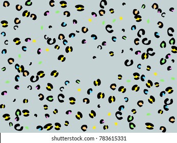 Colorful animal spots. Animal abstract print pattern. Gentle Grey background. Vector illustration for celebration, party, holiday, invitation and Your project. Chaotic Decor. Modern Creative Style.