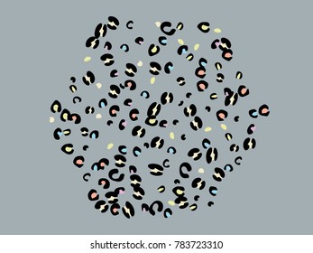 Colorful animal spots. Animal abstract print pattern. Gentle Grey background. Vector illustration for celebration, party, holiday, invitation and Your project. Chaotic Decor. Modern Creative Style.