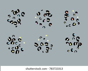 Colorful animal spots. Animal abstract print pattern. Gentle Grey background. Vector illustration for celebration, party, holiday, invitation and Your project. Chaotic Decor. Modern Creative Style.