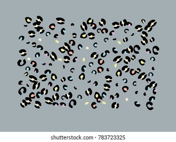 Colorful animal spots. Animal abstract print pattern. Gentle Grey background. Vector illustration for celebration, party, holiday, invitation and Your project. Chaotic Decor. Modern Creative Style.