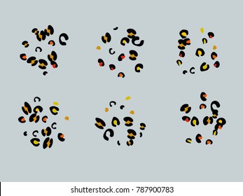 Colorful animal spots. Animal abstract print pattern. Gentle Grey background. Vector illustration for celebration, party, holiday, invitation and Your project. Chaotic Decor. Modern Creative Style.