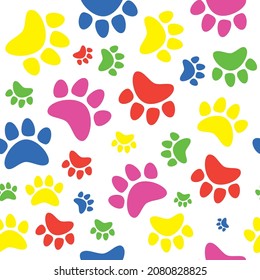 Colorful animal track, cat, dog paw seamless pattern. Vector illustration.