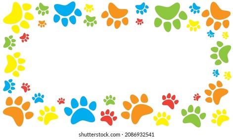 Colorful animal track, cat, dog paw print frame. Vector illustration.