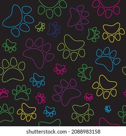 Colorful animal track, cat, dog paw seamless pattern. Vector illustration.