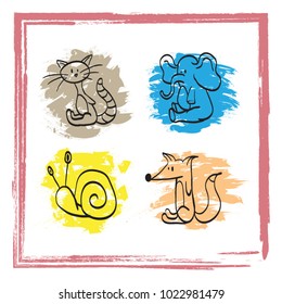 Colorful animals funny set.  Hand drawn  doodle sketch kids illustration.