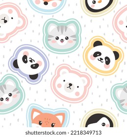 Colorful animals on a scandinavian dashed background, fox, penguin, polar bear, kitten, panda kids seamless pattern for wrapping paper, fabric and textile print.