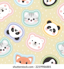 Colorful animals on a scandinavian dashed pastel yellow background. fox, penguin, polar bear, kitten, panda kids seamless pattern for wrapping paper, fabric and textile print.