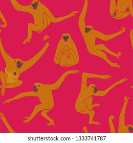 Colorful animals print. Seamless pattern with funny yellow gibbon monkey in action.