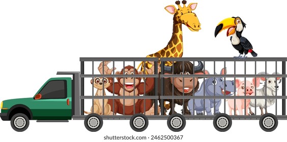 Colorful animals riding together in a caged truck