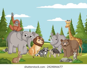 Colorful animals together in a cheerful forest scene