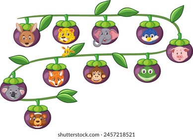 Colorful animals in whimsical fruit vine illustration.