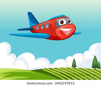 Colorful animated airplane flying over green hills