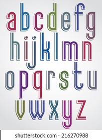 Colorful animated font, comic slim lower case letters with white outline. 