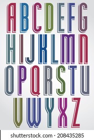 Colorful animated narrow font, comic upper case letters with white outline. 