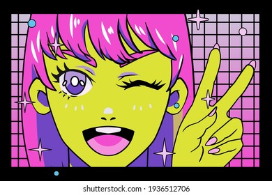 A colorful anime comic book style illustration showing a female kawaii character showing a hand gesture of the victory sign.