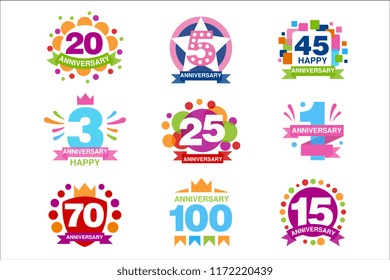 Colorful anniversary birthdays festive signs set, ubilee elements collection vector Illustrations