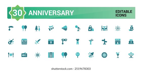 Colorful Anniversary icons set. color filled icons pack. Happy Birthday, glyph icon set for web and ui. Solid icon set. Vector illustration.