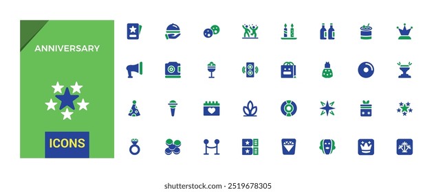 Colorful Anniversary icons set. color filled icons pack. Happy Birthday, glyph icon set for web and ui. Solid icon set. Vector illustration.