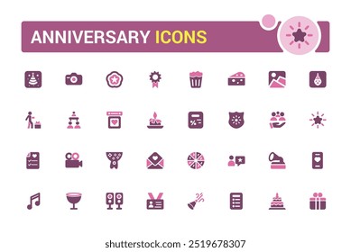 Colorful Anniversary icons set. color filled icons pack. Happy Birthday, glyph icon set for web and ui. Solid icon set. Vector illustration.