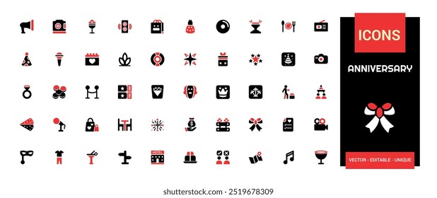 Colorful Anniversary icons set. color filled icons pack. Happy Birthday, glyph icon set for web and ui. Solid icon set. Vector illustration.