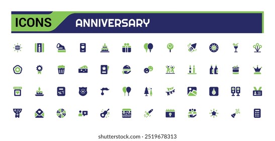 Colorful Anniversary icons set. color filled icons pack. Happy Birthday, glyph icon set for web and ui. Solid icon set. Vector illustration.